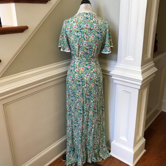 Poupette St Barth Joe Wrap Dress Womens Small Green White Pink VNeck Floral Midi - Picture 12 of 13